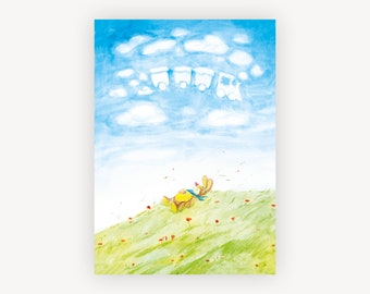 A3 art print chambre d’enfants: Aquarelle «lièvre rêves sur Prairie»