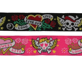 Ribbon Skulls, pirates, pink and black, 16 mm