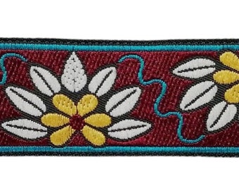 Marguerite ruban tissé, fleurs d’oie, turquoise et bordeaux