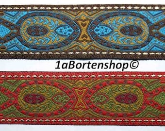 Woven ribbon peacock, 28 mm wide, red or blue