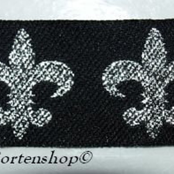 Woven ribbon French lily, black silver, fleur de lys