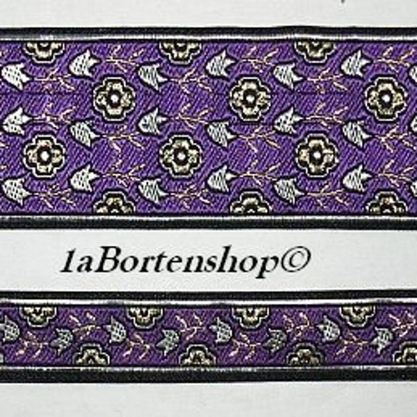 Woven ribbon Millefiori, flower ribbon, purple 1.6 cm