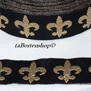 Geweven lint Franse lelie, fleur de lys, zwart goud