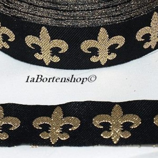 Woven ribbon French Lily, fleur de Lys, black gold