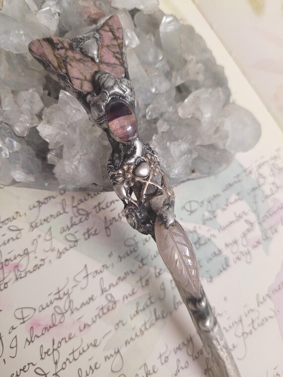Handmade Crystal silver pen, Rhodonite butterfly, Purple rainbow Fluorite, Rose quartz leaf