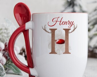 Personalised traditional reindeer red mug with spoon, Vintage Father Christmas , Luxury Ceramic mug with spoon perfect for hot chocolate