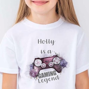Personalised gaming girl t shirt, gamers gift, birthday present, clothing for kids, girls gaming t shirt, pink purple turquoise controller