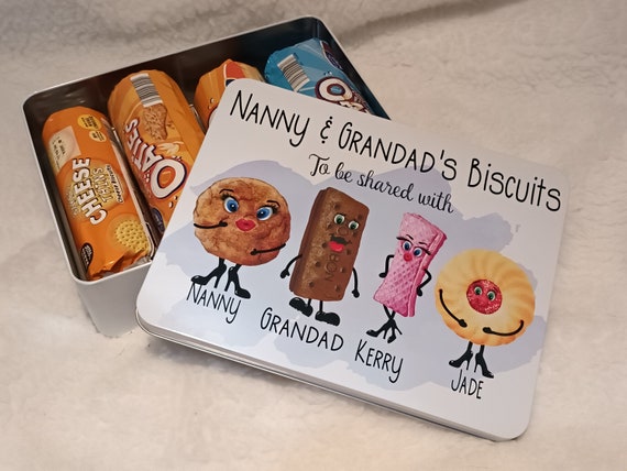 Personalised Biscuit Tin, custom gift for Grandad, Nana, any name. Birthday, Christmas  gift. Choice of Tin size