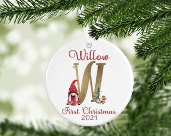 My First Christmas red gnome alphabet Tree Decoration, Baby&#39;s first Christmas, girl&#39;s first Christmas, Ceramic tree decoration, tree bauble