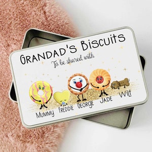 May include: White metal tin with a gold glitter background. The tin has the text "Grandad's Biscuits To be shared with" and features a cartoon family of biscuits with names "Mummy", "Freddie", "George", "Jade", and "Wilf".