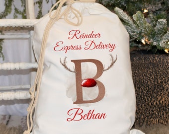 Personalised reindeer Initial design Santa Sack| Heavy weight Christmas Santa Sack| Kids cute reindeer santa Sack| Any name Xmas Sack|