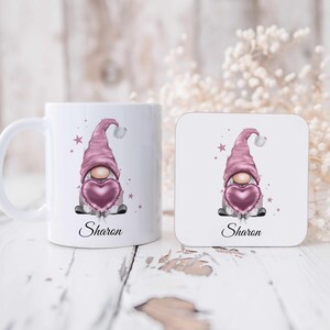 Personalised Pink Gnome Mug, Valentine, Christmas, Birthday gift