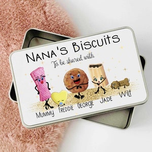 May include: White metal tin with a gold glitter background. The tin has the text "NANA'S Biscuits To be shared with" and features cartoon biscuits with faces and names: Mummy, Freddie, George, Jade, and Wilf.