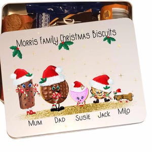 Personalised Family Christmas Biscuit Tin featuring cute cartoon Festive Christmas Biscuit Characters