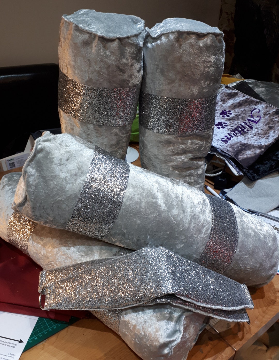 Bolster Cushion, Crushed Velvet and Glitter Cushion, Bolster Pillow