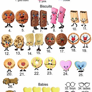 May include: A collection of illustrated biscuits, donuts, and hearts with faces. The biscuits include a variety of shapes and flavors, such as chocolate, vanilla, and strawberry. The donuts are glazed and have sprinkles. The hearts are pink, blue, and yellow. The illustrations are colorful and whimsical.