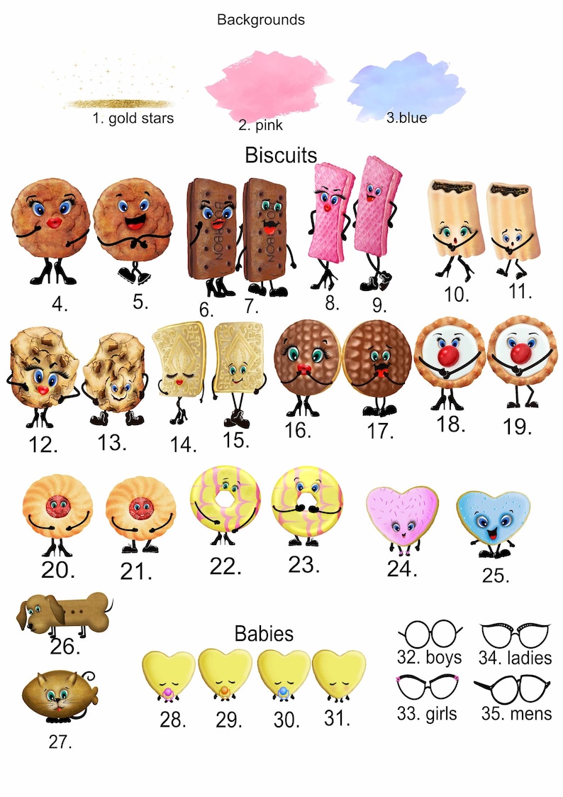 May include: A collection of illustrated biscuits, donuts, and hearts with faces. The biscuits include a variety of shapes and flavors, such as chocolate, vanilla, and strawberry. The donuts are glazed and have sprinkles. The hearts are pink, blue, and yellow. The illustrations are colorful and whimsical.