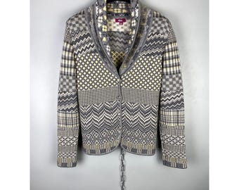 IVKO Knitted Multicolored Geometric Pattern Button Merino Wool Cardigan Sweater Sz S