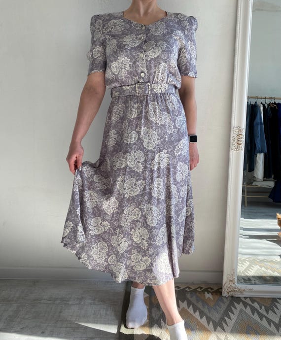 dorothy perkins grey floral dress Dorothy Perkins Women's Floral Square Neck Ruffle Shoulder Jersey Midi Dress in Blue | Size: 6