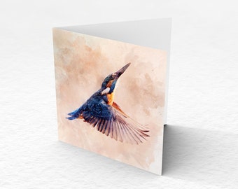 Carte de vœux d’aquarelle d’oiseau de Kingfisher - carte d’art d’aquarelle - carte de nature d’art d’art - carte d’art de faune - peinture d’oiseau - carte blanche d’anniversaire