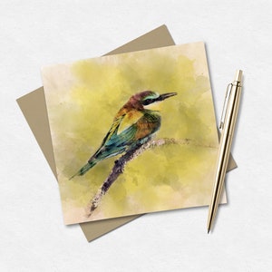 Cartão Bee-Eater – Cartão aquarela – Cartão Art Nature – Cartão Wildlife Art Reino Unido – Pintura de pássaros – Cartão de aniversário – Cartão em branco