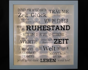 Leuchtrahmen, beleuchteter Bilderrahmen in weiß " Ruhestand ", Geschenk zum Ruhestand, Geschenk zur Rente, Geschenk zur Pensionierung