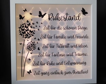 Leuchtrahmen, beleuchteter Bilderrahmen in weiß " Ruhestand ", Geschenk zum Ruhestand, Geschenk zur Rente, Geschenk zur Pensionierung