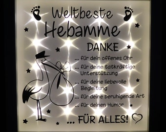 Leuchtrahmen, beleuchteter Bilderrahmen, Hebamme, Geschenk Hebamme, Dankeschön, Dekoration, Beleuchtung