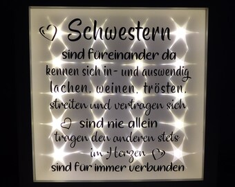 Leuchtrahmen, beleuchteter Bilderrahmen mit Spruch " Schwestern ", Beleuchtung, Geschenk, Dekoration, Wohnaccessoires