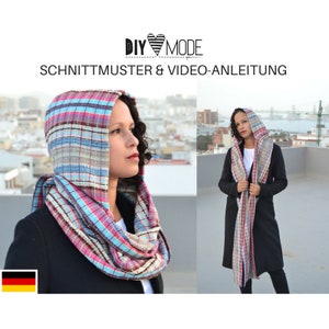 KAPUZENSCHAL Schnittmuster mit Video-Anleitung / PDF Download Anleitung deutsch nähen Hooded Scarf scoodie Schal mit Kapuze winter Nähidee image 1