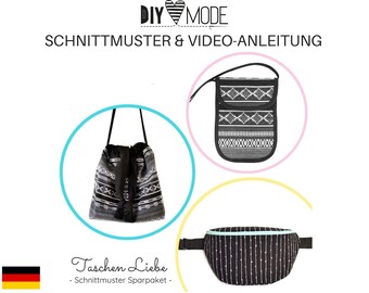 3 TASCHEN KLASSIKER Schnittmuster + Video-Anleitung / PDF Download deutsch nähen Taschenpaket Schnittmusterpaket Bucket Bag Brustbeutel Hip