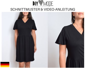 Einfaches Kleid Schnittmuster mit Video-Anleitung  / PDF Download Damen Jerseykleid Wickelkleid Flügelärmel / deutsch für Frauen nähen