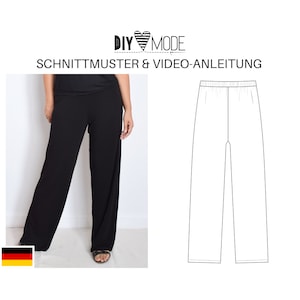 Einfache Hose Schnittmuster mit Video-Anleitung  / PDF Download Damen Hose Jerseyhose highwaist weites Bein deutsch für Frauen nähen