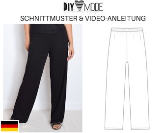 May include: Black wide-leg pants with an elastic waistband. The image also shows a line drawing of the pants and the text "DIY MODE SCHNITTMUSTER & VIDEO-ANLEITUNG".