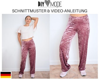 Einfache Hose Schnittmuster mit Video-Anleitung  / PDF Download Damen Hose Jerseyhose highwaist weites Bein deutsch für Frauen nähen