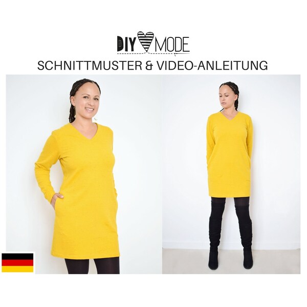 PULLIKLEID / Long PULLOVER Kleid Schnittmuster mit Video-Anleitung Download deutsch für Frauen nähen Taschen lange Ärmel