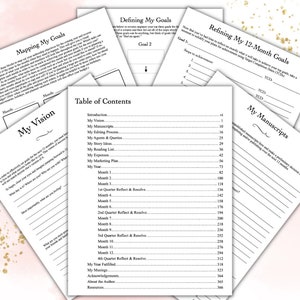 May include: A black and white printable planner with the title "My Manuscripts" and a section for listing published manuscripts and making preliminary decisions about completing and/or publishing over the next 12 months.