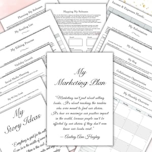 May include: A black and white printable marketing plan for authors. The plan includes sections for planning releases, editing, visibility growth, social media planning, 90-day goals, story ideas, mapping releases, income and expenses, submissions, priorities, a blog, collaboration opportunities, and a monthly overview.