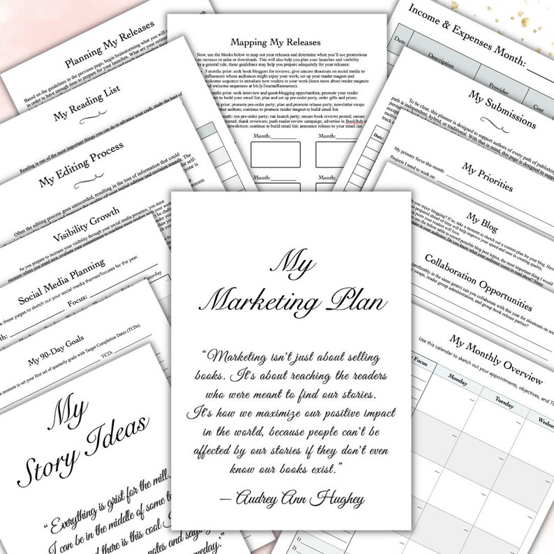 May include: A black and white printable marketing plan for authors. The plan includes sections for planning releases, editing, visibility growth, social media planning, 90-day goals, story ideas, mapping releases, income and expenses, submissions, priorities, a blog, collaboration opportunities, and a monthly overview.