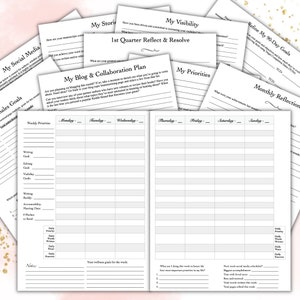 May include: Black and white printable planner pages with headings for "My Social Media Sales Goals", "My Blog & Collaboration Plan", "My Visibility", "My Priorities", "Refine My 90-Day Goals", and "Monthly Reflection". The pages include sections for weekly priorities, daily goals, and notes.