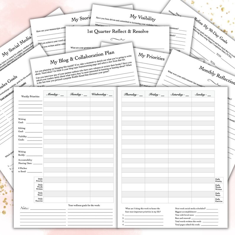 May include: Black and white printable planner pages with headings for "My Social Media Sales Goals", "My Blog & Collaboration Plan", "My Visibility", "My Priorities", "Refine My 90-Day Goals", and "Monthly Reflection". The pages include sections for weekly priorities, daily goals, and notes.
