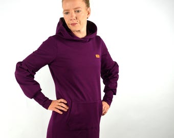 Sweaterkleid, lang, dunkle Beere, bequem, oversize, Kapuzenkleid, lila