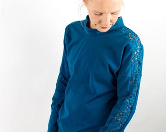 Pullover, bequemer Baumwollpullover, mit überschnittenen Schultern, Stehkragen, Spitzeneinsatz