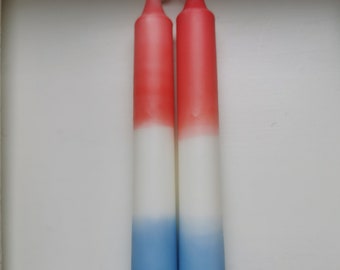 Dip Dye Candles Ensemble de 2 bleu blanc rouge, teints à la main, trempés, cadeau, anniversaire, drapeau, Hollande, Pays-Bas EM