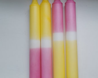 Dip Dye Candles Ensemble de 4 plage rose pastel, rose, rose, sable jaune, teint à la main, trempé, cadeau, anniversaire,