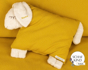 Cuddly pillow sleeping sheep Bobeli with name - mustard yellow with dots 75 - CHILD SHEEP