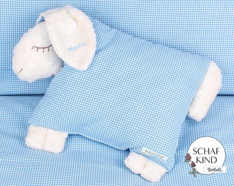 Cuddly pillow sleeping sheep Bobeli with name - light blue Vichy check 40 - CHILD SHEEP