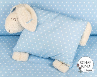 Cuddly pillow sleeping sheep Bobeli with name - light blue with stars 45 - CHILD SHEEP