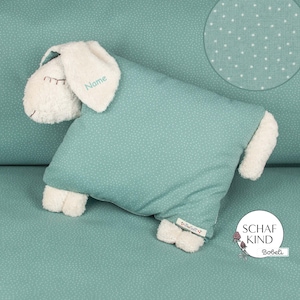 Kuschelkissen Schlafschaf Bobeli mit Namen - Salbei mit Pünktchen 65 - SCHAFKIND
