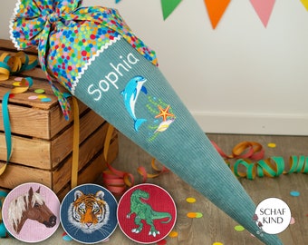 School cone made of cotton corduroy - turquoise with colorful, personalizable, extra large